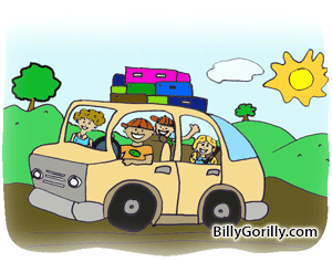 cartoon of Family driving in a car on a road trip
