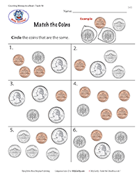 Worksheet with coins - Circle the matching coins